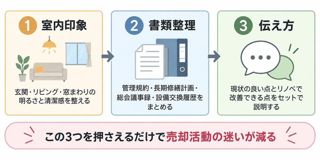 室内印象・書類整理・伝え方の3項目を順に整え、マンション売却活動の迷いを減らすポイントを示す図解