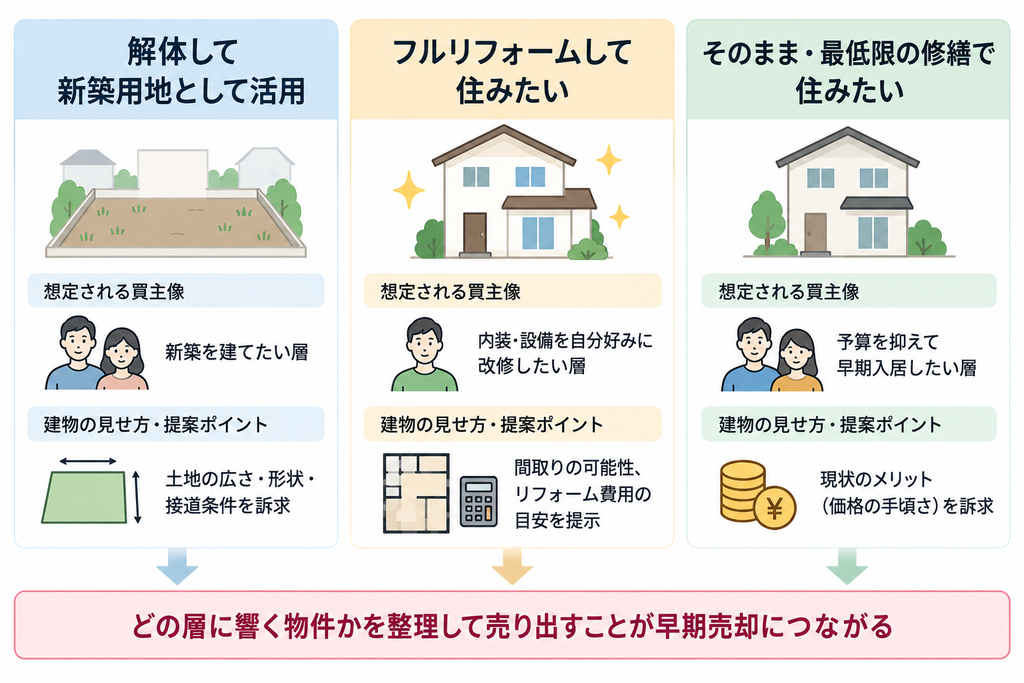 解体・リフォーム・現状売却の3つの買主像と提案ポイントを比較し、早期売却の考え方を示した分類図